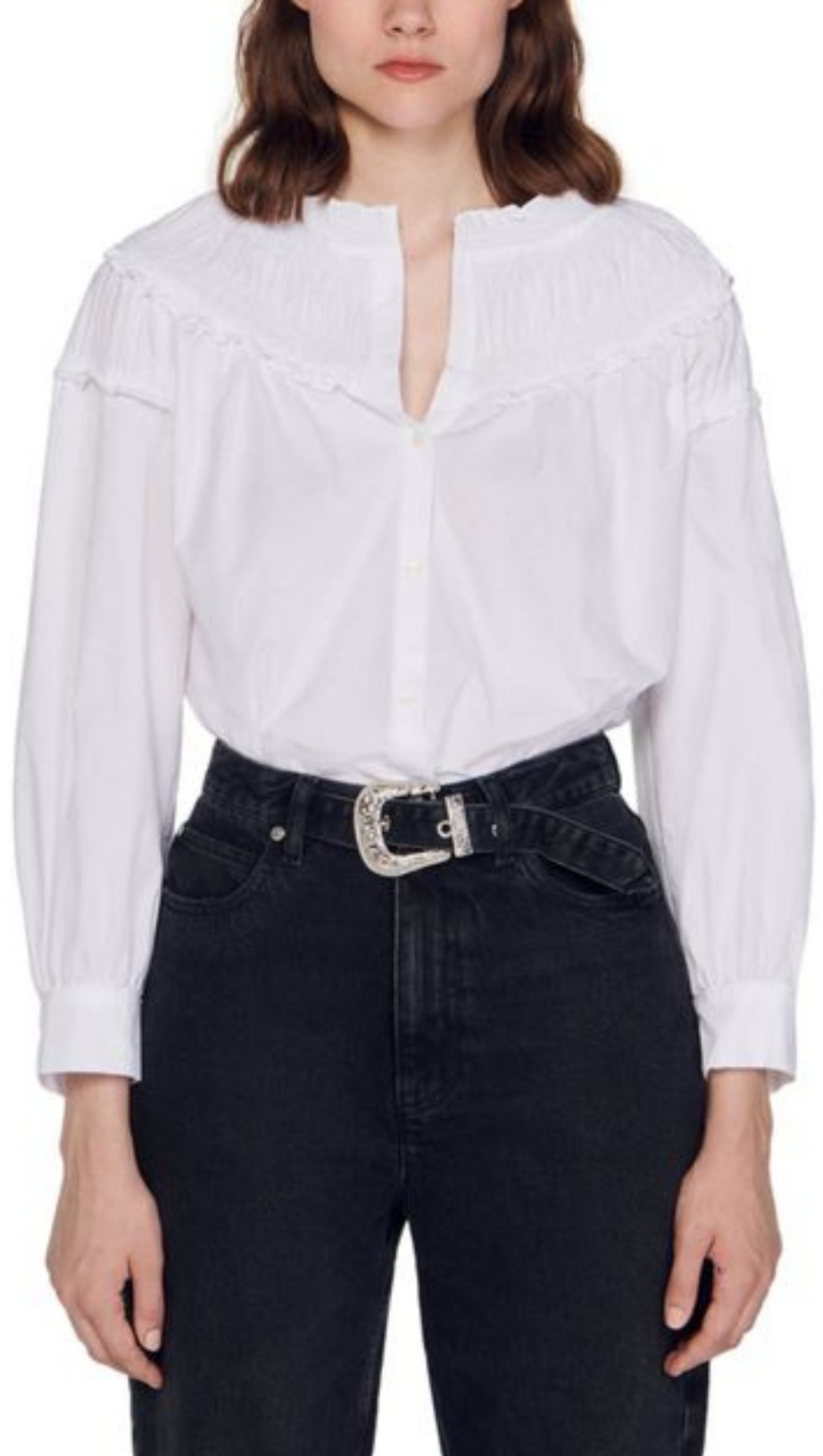 COTTON SMOCKED RUFFLE BLOUSE