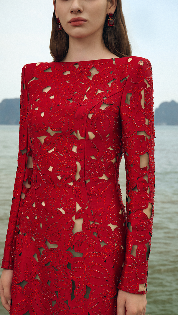 rhinestone boat neck floral hollow lasercut maxi dress - red
