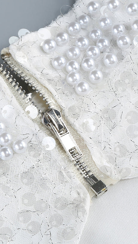 YVETTE PEARL EMBELLISHED SEQUIN MAXI DRESS IN WHITE