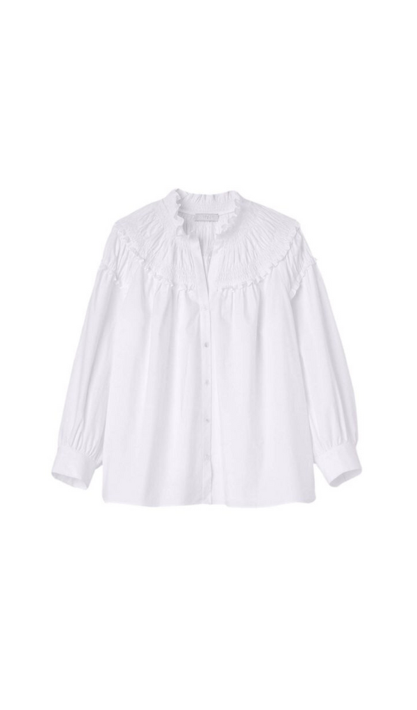 COTTON SMOCKED RUFFLE BLOUSE