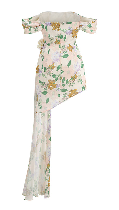 Asymmetrisches Minikleid mit Blumenmuster und schulterfreiem Schnitt