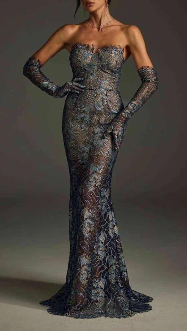 AIIZIE Javion Enchanting Strapless Floral Lace Gown with Opera Gloves - product image