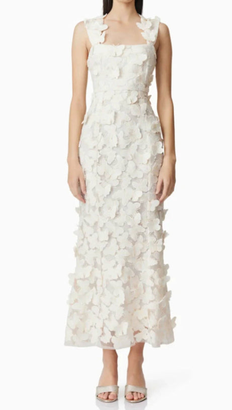 SQUARE NECKLINE 3D FLOWER EMBROIDERY GOWN IN WHITE