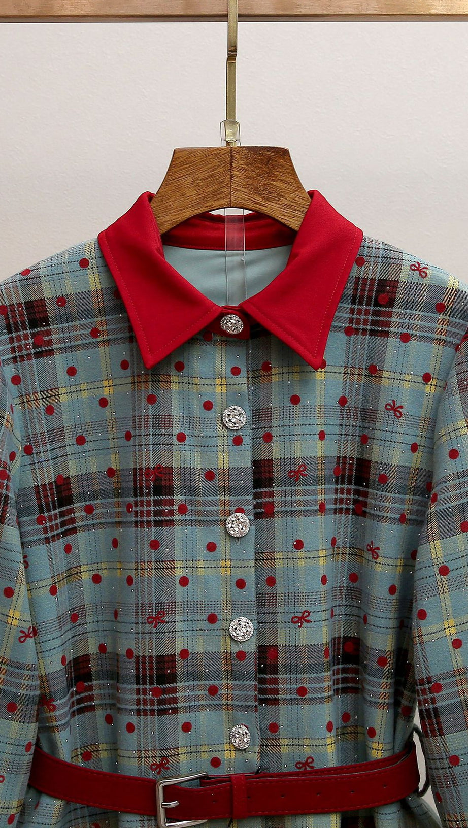 HUMLA PLAID BOW MINI DRESS WITH RED COLLAR & BELT - FESTIVE CHIC FOR WOMEN