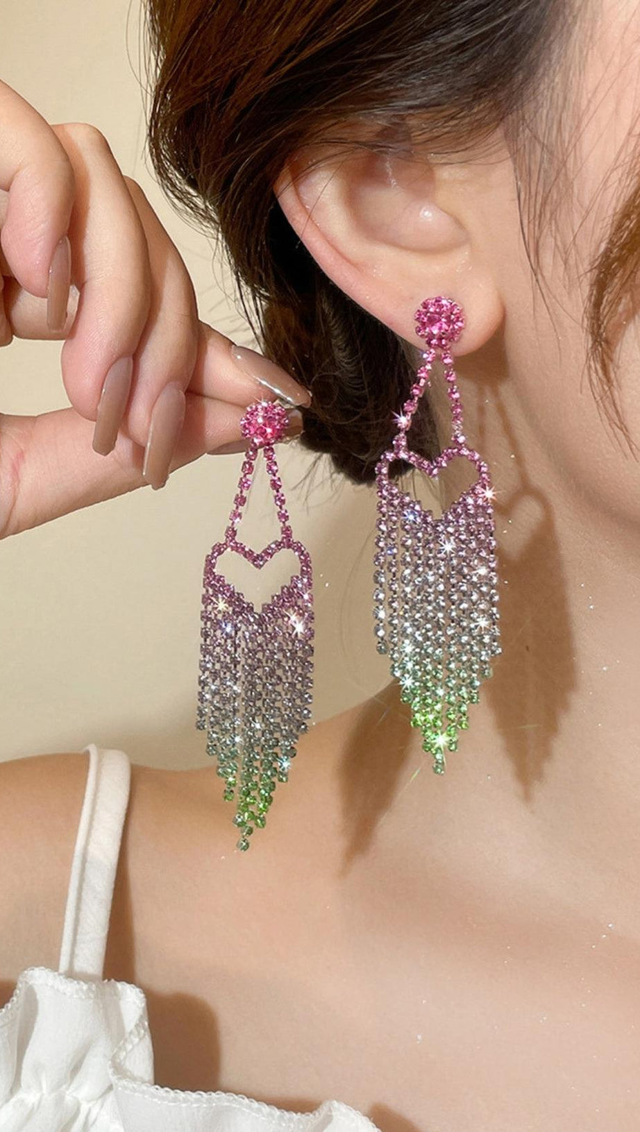 DEMETRA RHINESTONE HEART TASSEL EARRINGS