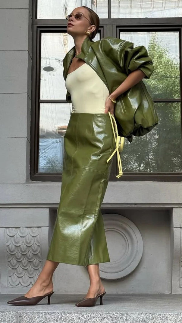 AIIZIE Jehan Glossy PU Leather Bomber Jacket & Midi Skirt Set - Chic Olive Green Co-ord - product image