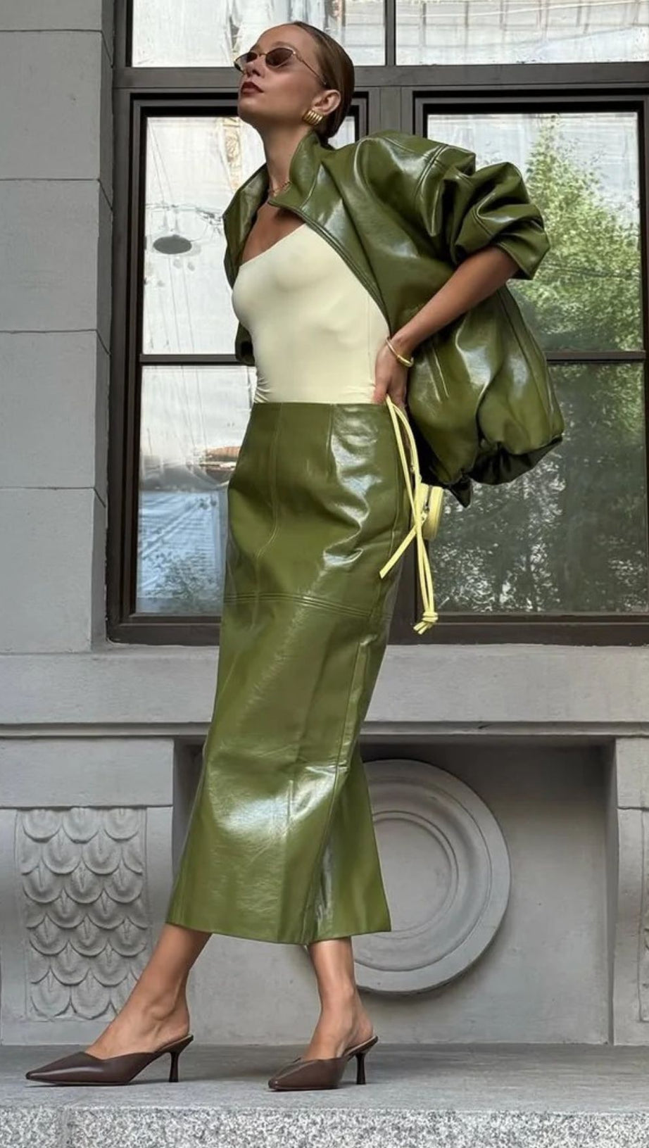 Jehan Glossy PU Leather Bomber Jacket & Midi Skirt Set - Chic Olive Green Co-ord