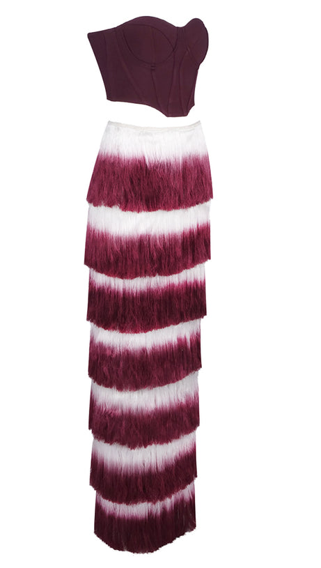 STRAPLESS TASSEL TWO PIECE MAXI DRESS BURGUNDY
