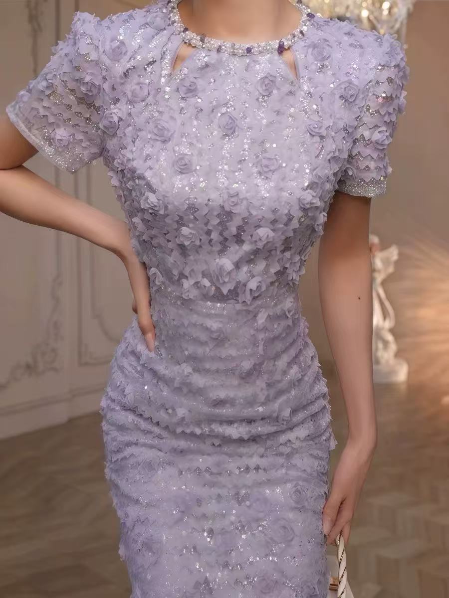 jacqueline rhinestone flower embroidery bodycon midi dress in purple