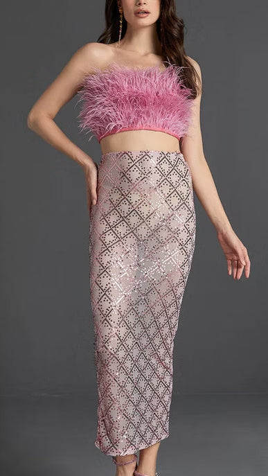 audrey pink feather top sequin Midi Skirt set
