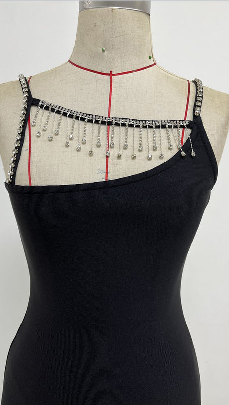 RHINESTONE METAL CHAIN TASSEL BANDAGE DRESS