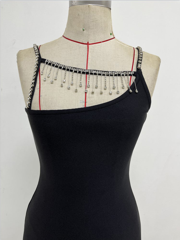 RHINESTONE METAL CHAIN TASSEL BANDAGE DRESS