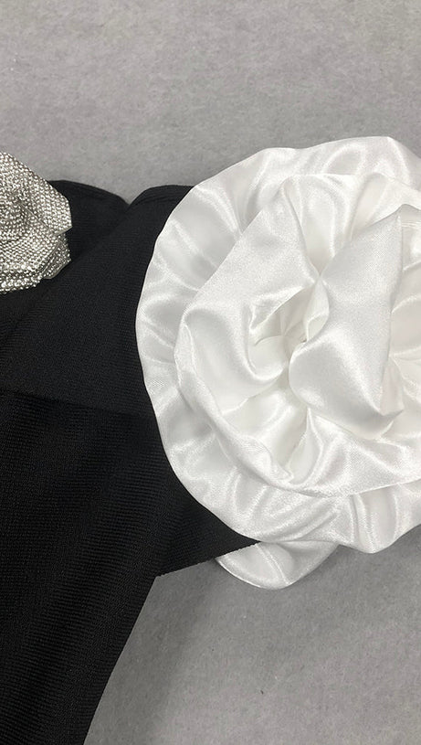 BEATRICE BLACK OFF SHOULDER 3D FLOWERS BODYCON BANDAGE MAXI DRESS