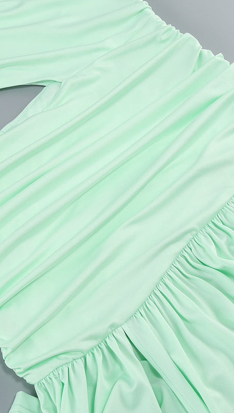 BERYL ONE SLEEVE CUTOUT RUCHED MAXI DRESS IN GREEN