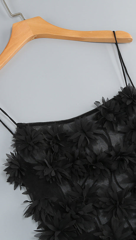 FLOWER EMBELLISHED MINI DRESS IN BLACK