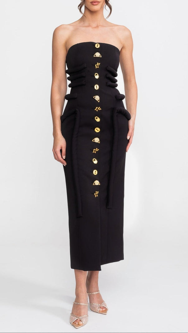 Black Midi Dress With Sculptural Knotted Bodice Detail And Jewel Buttons - Black