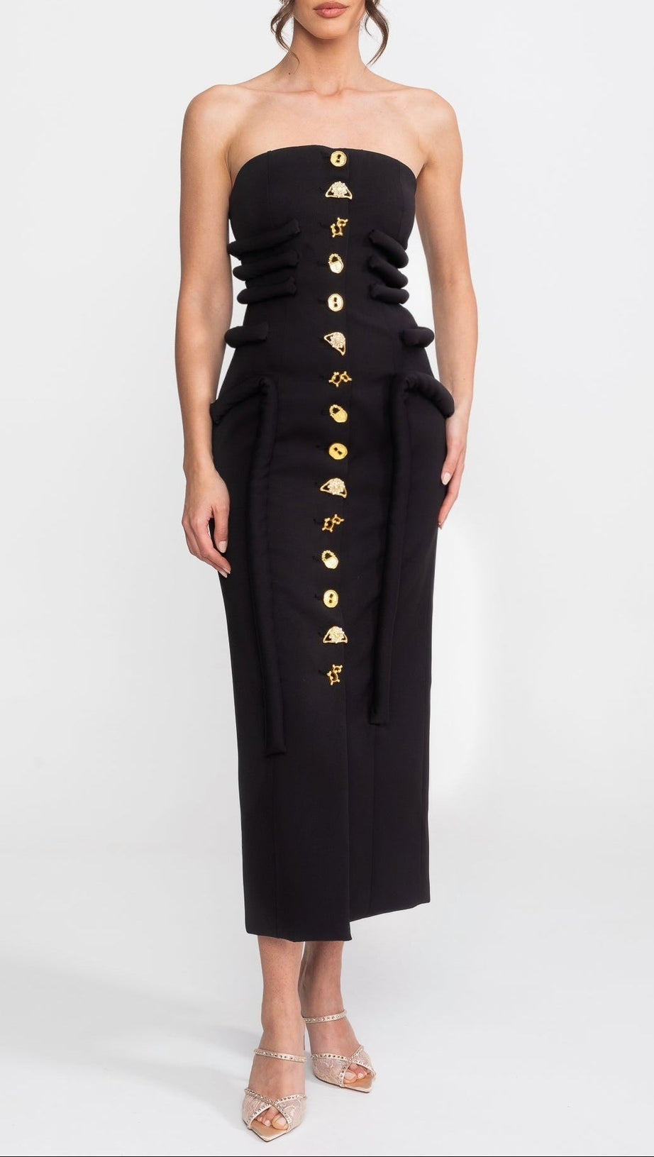 Black Midi Dress With Sculptural Knotted Bodice Detail And Jewel Buttons - Black