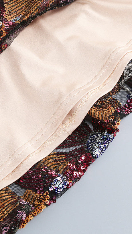 RUFFLE FLORAL SEQUIN EMBROIDERED MINI DRESS