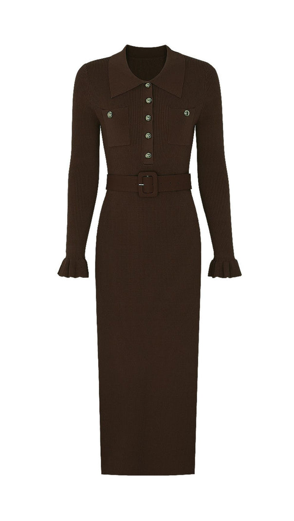 AIIZIE Jacek Elegant Ribbed Knit Midi Dress - Button-Front & Belted - product image
