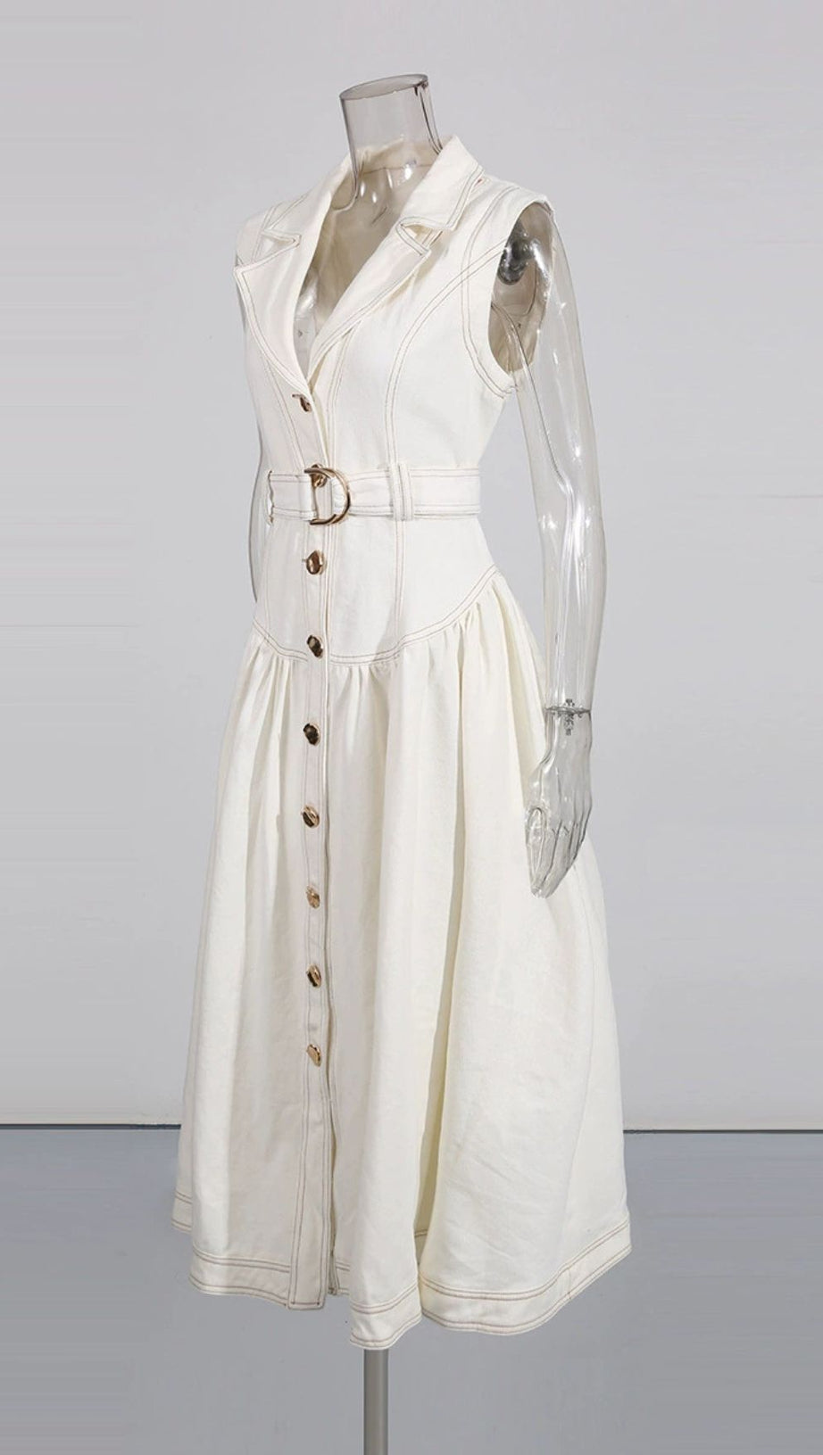 IONE SLEEVELESS BUTTON-FRONT DENIM MIDI DRESS | CHIC & BELTED STYLE