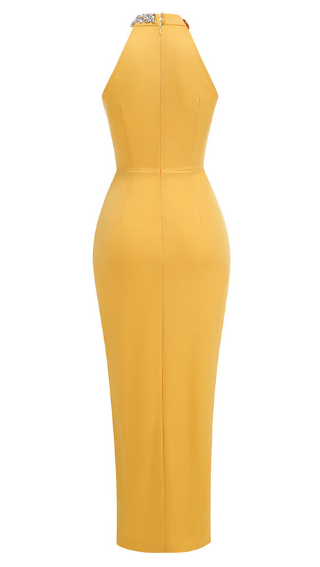 MAMIE HALTER FLORAL CRYSTAL MAXI DRESS IN YELLOW