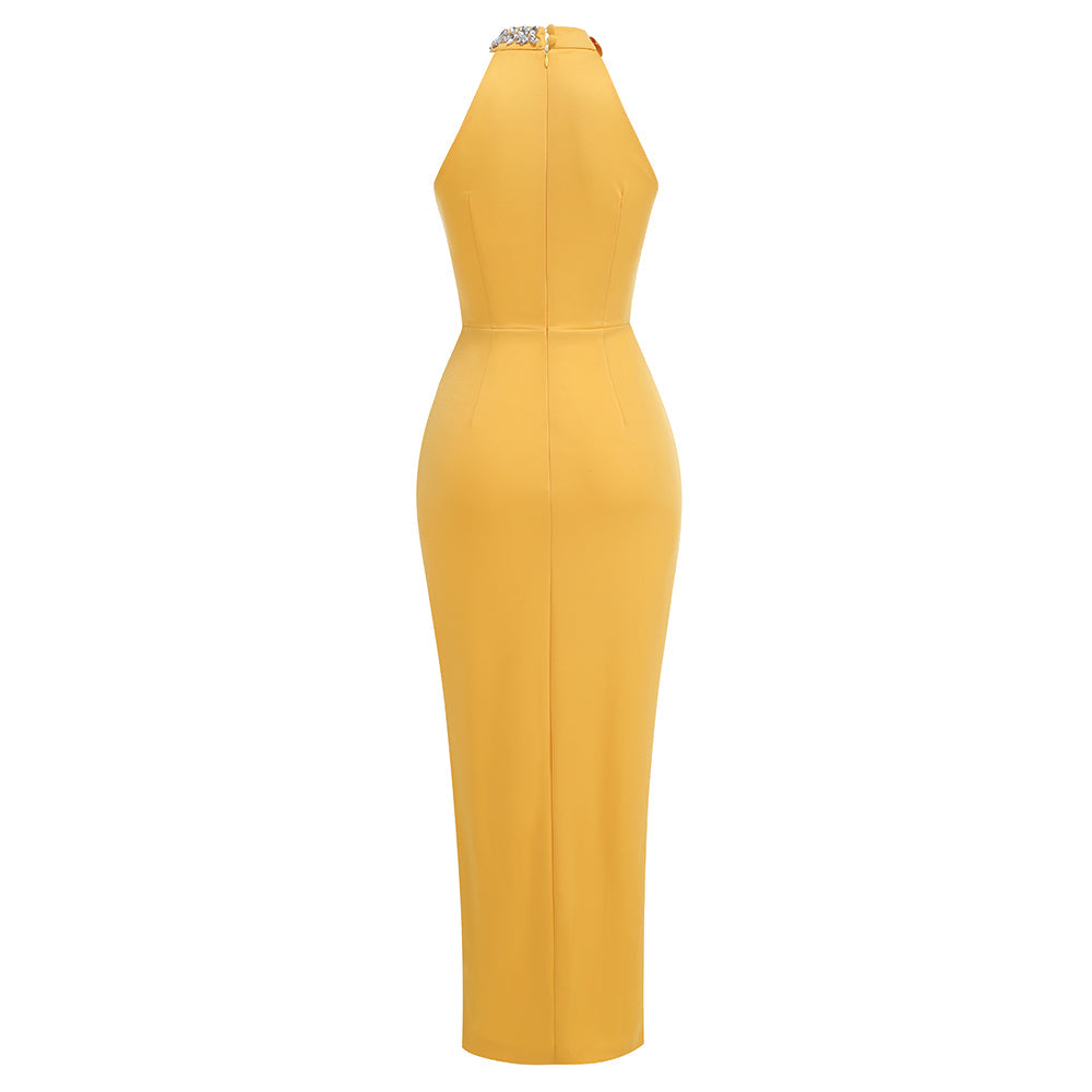 AIIZIE MAMIE HALTER FLORAL CRYSTAL MAXI DRESS IN YELLOW - product image