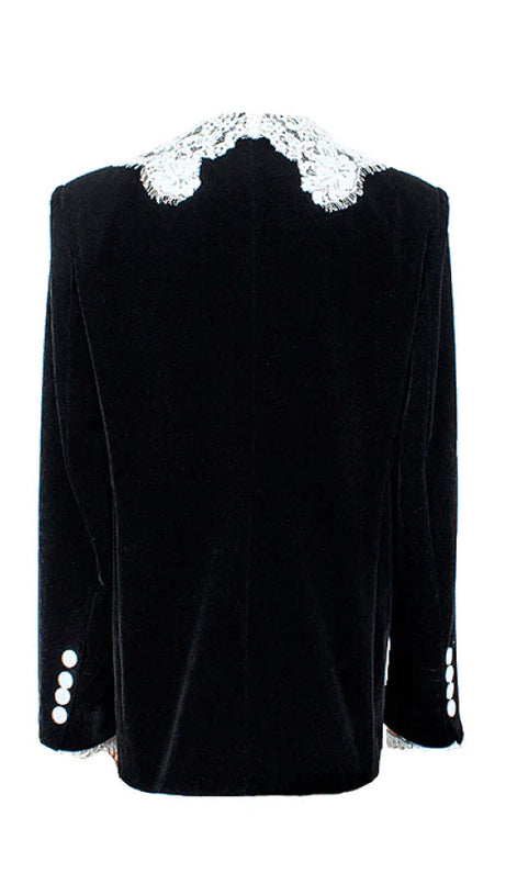 LACE-NECK VELVET BLAZER IN BLACK