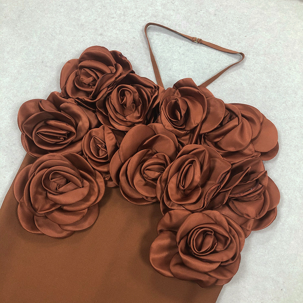 AIIZIE EVANGELINE 3D FLOWER CROP TOP SKIRT SET IN BROWN - product image
