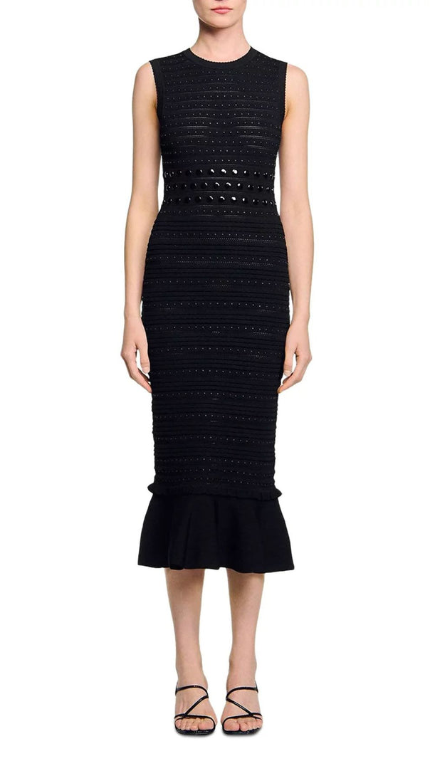 AIIZIE Chic Studded Knit Midi Dress | Black Sleeveless Flounce Hem - product image