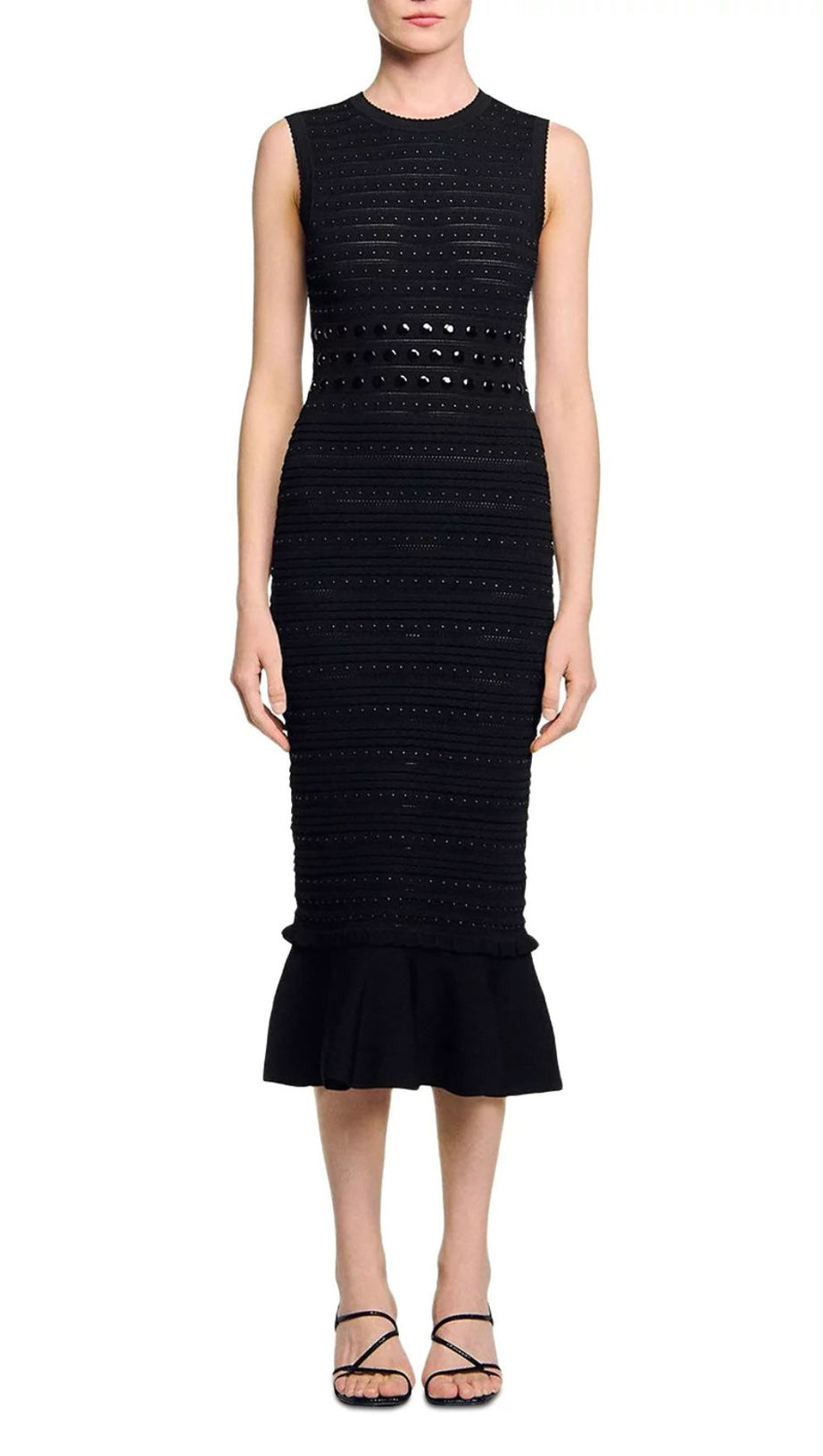 Chic Studded Knit Midi Dress | Black Sleeveless Flounce Hem