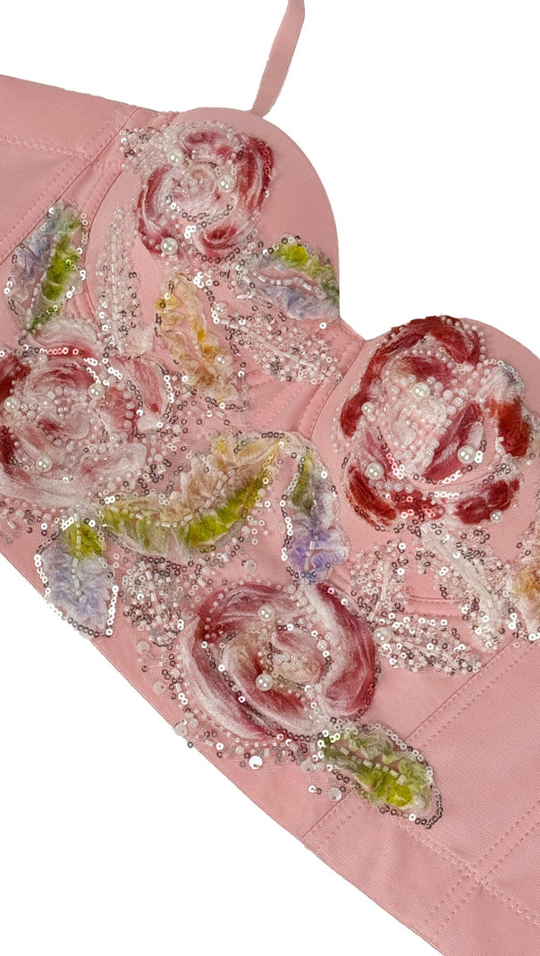 AIIZIE HAZINA FLORAL SEQUIN & PEARL EMBROIDERED BUSTIER CROP TOP - DAZZLING PARTY & FESTIVAL GLAM - product image