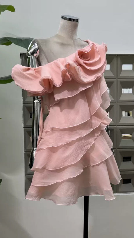 SHELYN FLOWER ONE SHOULDER RUFFLE MINI DRESS - PINK