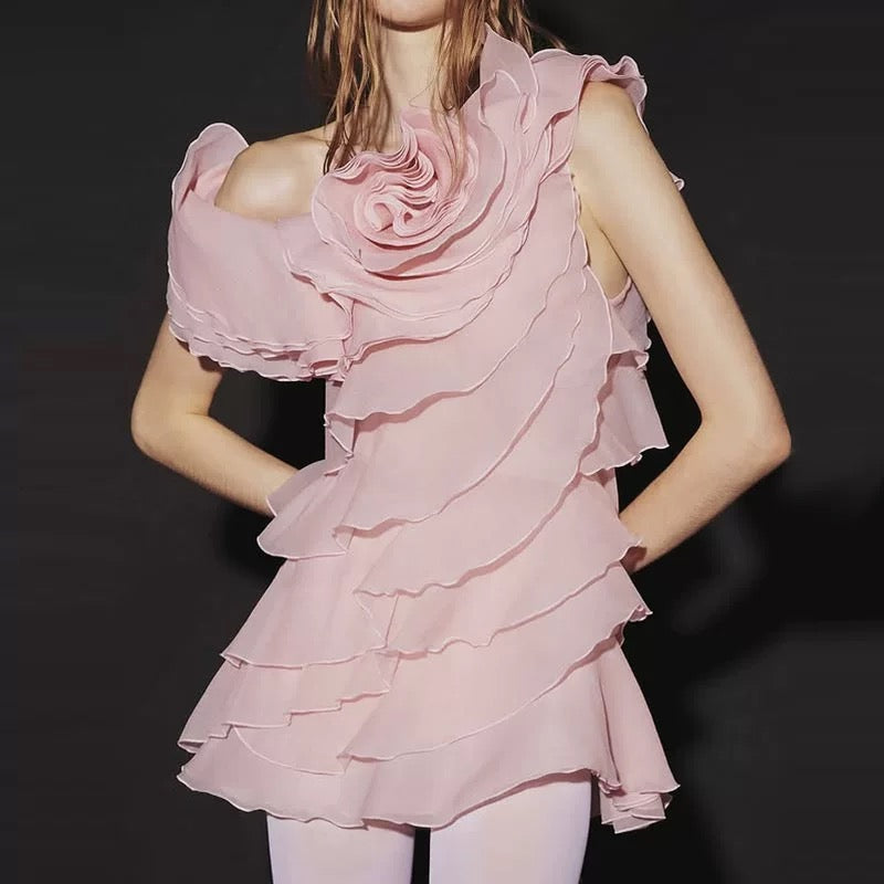 SHELYN FLOWER ONE SHOULDER RUFFLE MINI DRESS - PINK