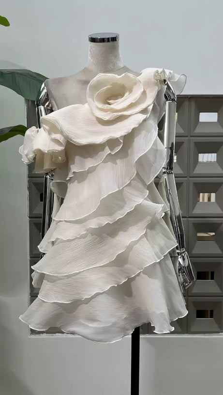 SHELYN FLOWER ONE SHOULDER RUFFLE MINI DRESS - PINK