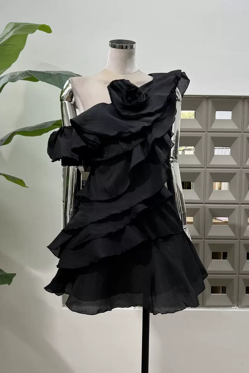 SHELYN FLOWER ONE SHOULDER RUFFLE MINI DRESS - PINK