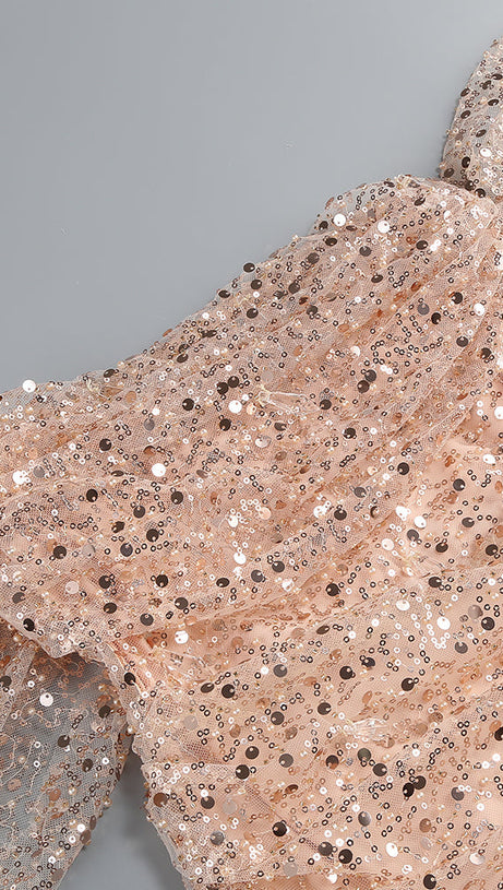 OFF-SHOULDER SEQUIN EMBROIDERED MINI DRESS IN NUDISTE