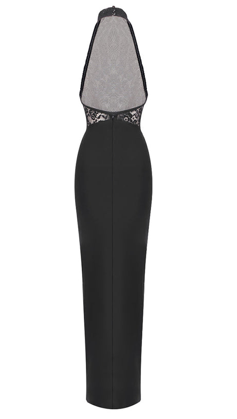CAROL BLACK HALTER MAXI DRESS WITH LACE BODICE