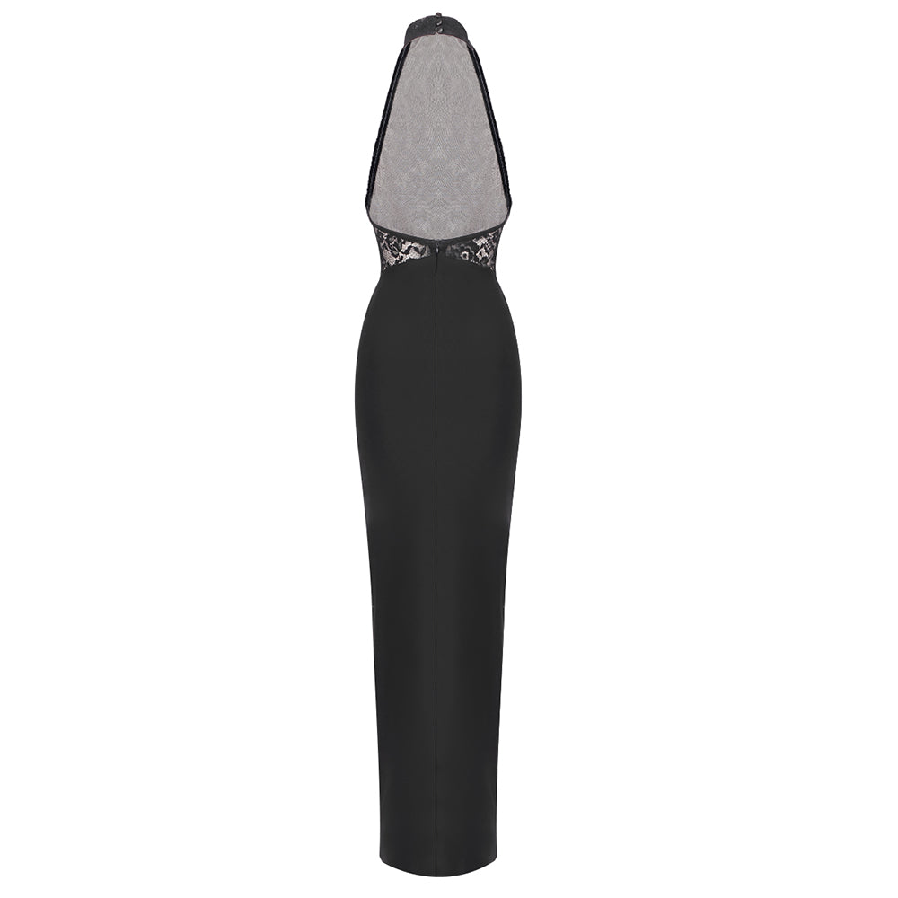 AIIZIE CAROL BLACK HALTER MAXI DRESS WITH LACE BODICE - product image