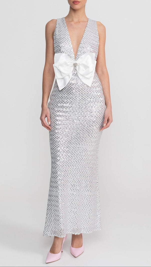 Sequin Maxi Dress With Satin Bow Detail - Light Grey