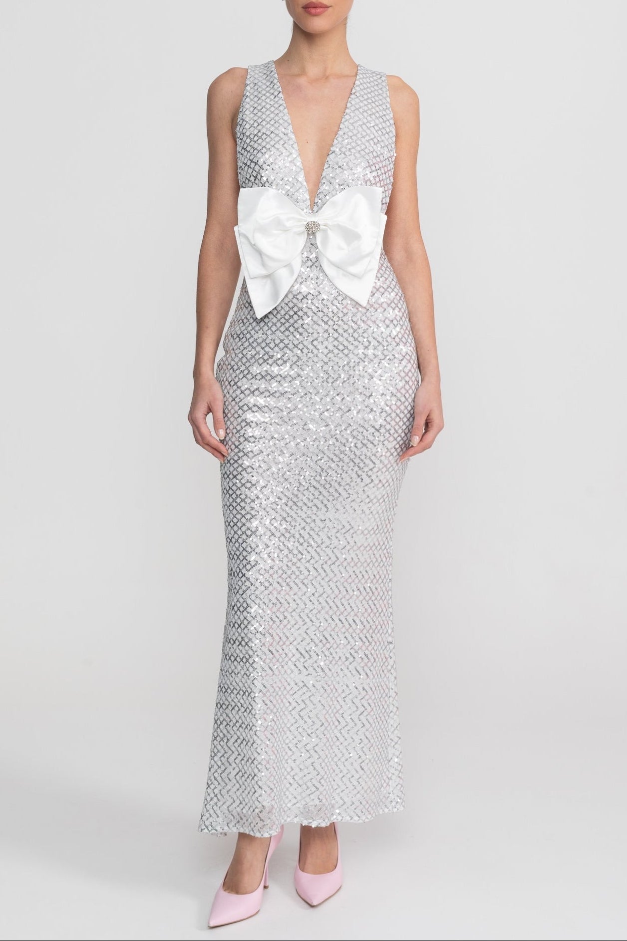 Sequin Maxi Dress With Satin Bow Detail - Light Grey