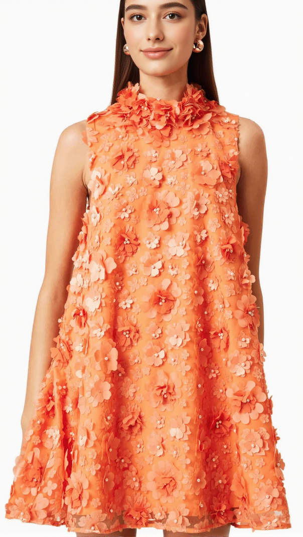 AIIZIE 3D FLORAL BLUEBELL TRAPEZE DRESS IN ORANGE - product image