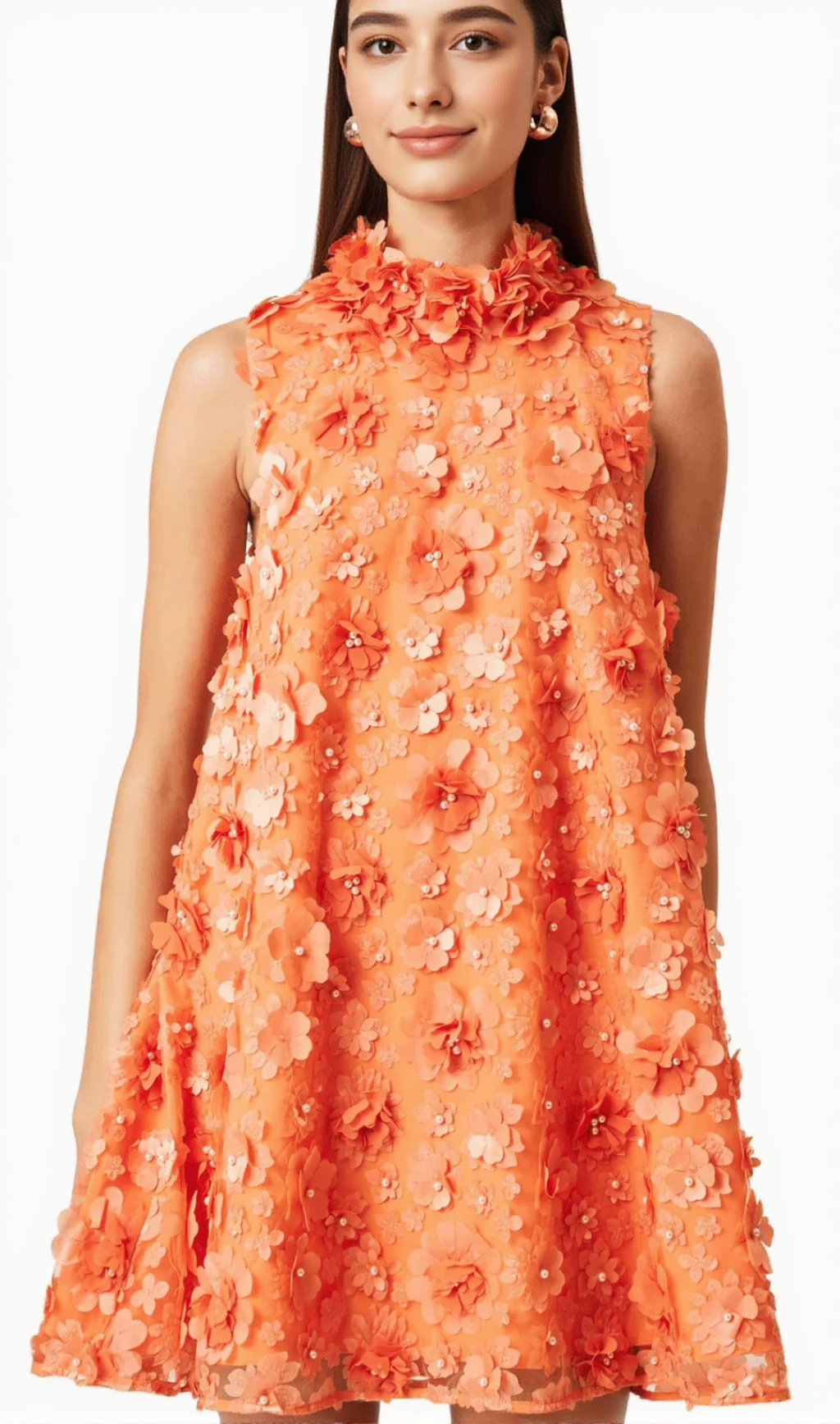 3d floral bluebell Trapeze Dress in Orange