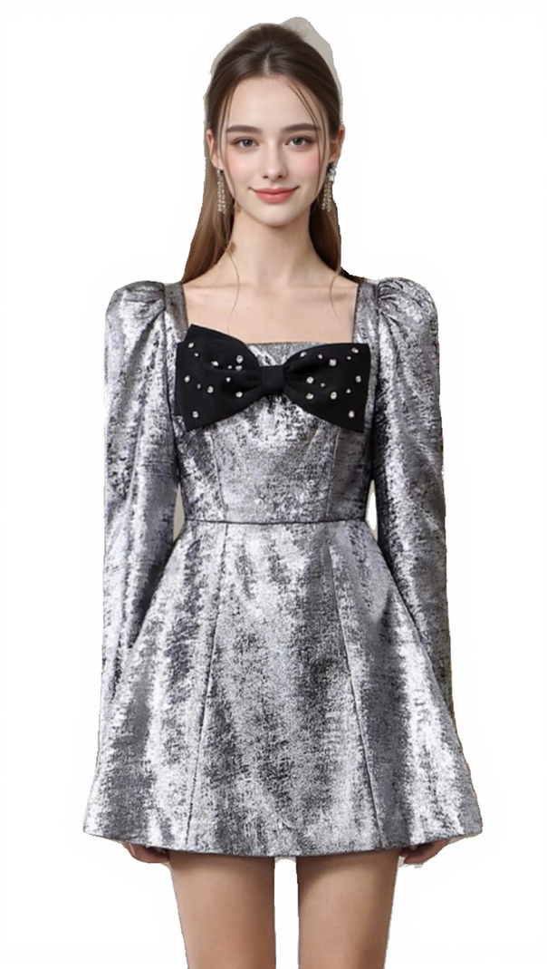 AIIZIE CAMREN SILVER LONG SLEEVE BOW MINI DRESS - product image