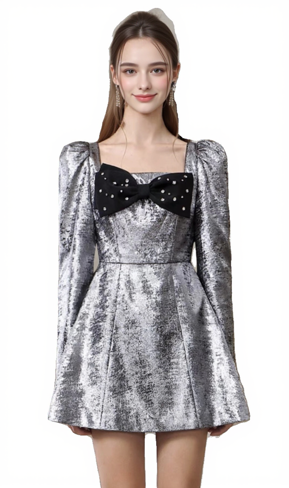 CAMREN SILBERNES LANGÄRMELIGES MINIKLEID MIT SCHLEIFE