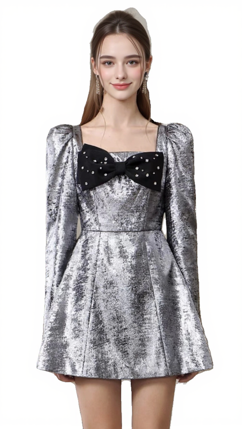 CAMREN SILVER LONG SLEEVE BOW MINI DRESS