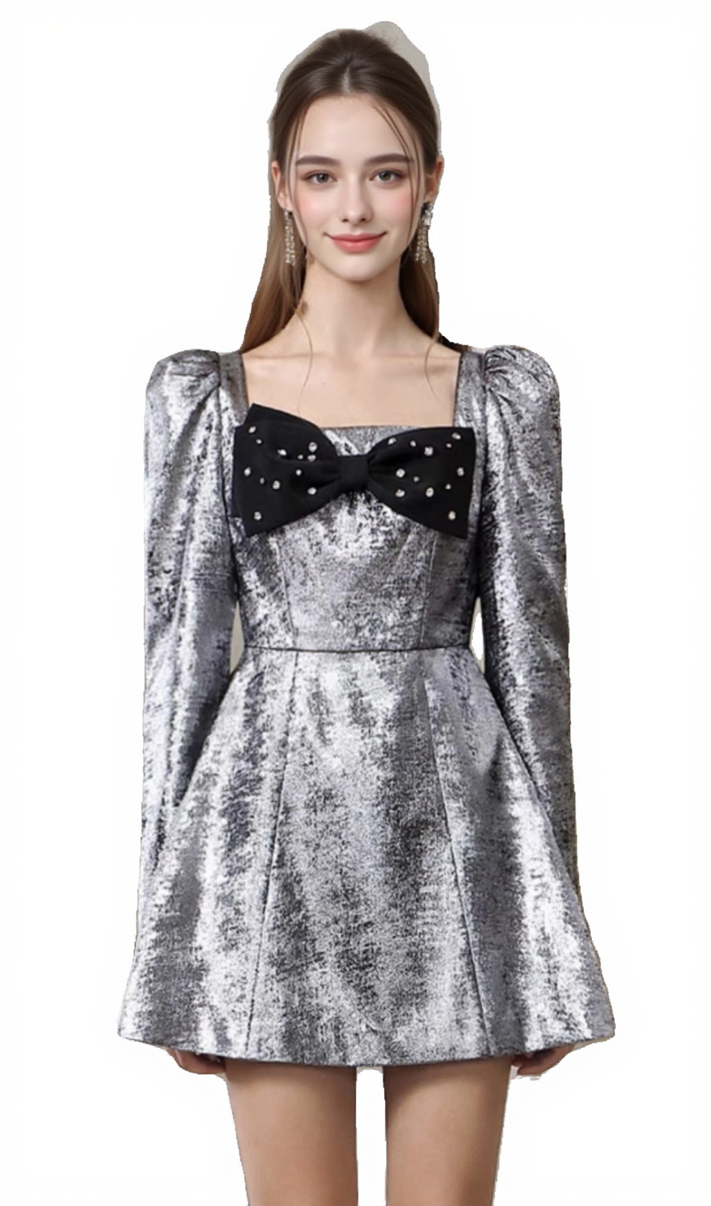 CAMREN SILVER LONG SLEEVE BOW MINI DRESS