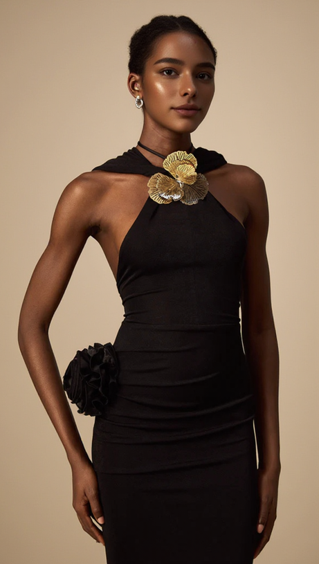 ABITO MIDI CON CAPPUCCIO E FIORI 3D IN METALLO TAMMY NERO