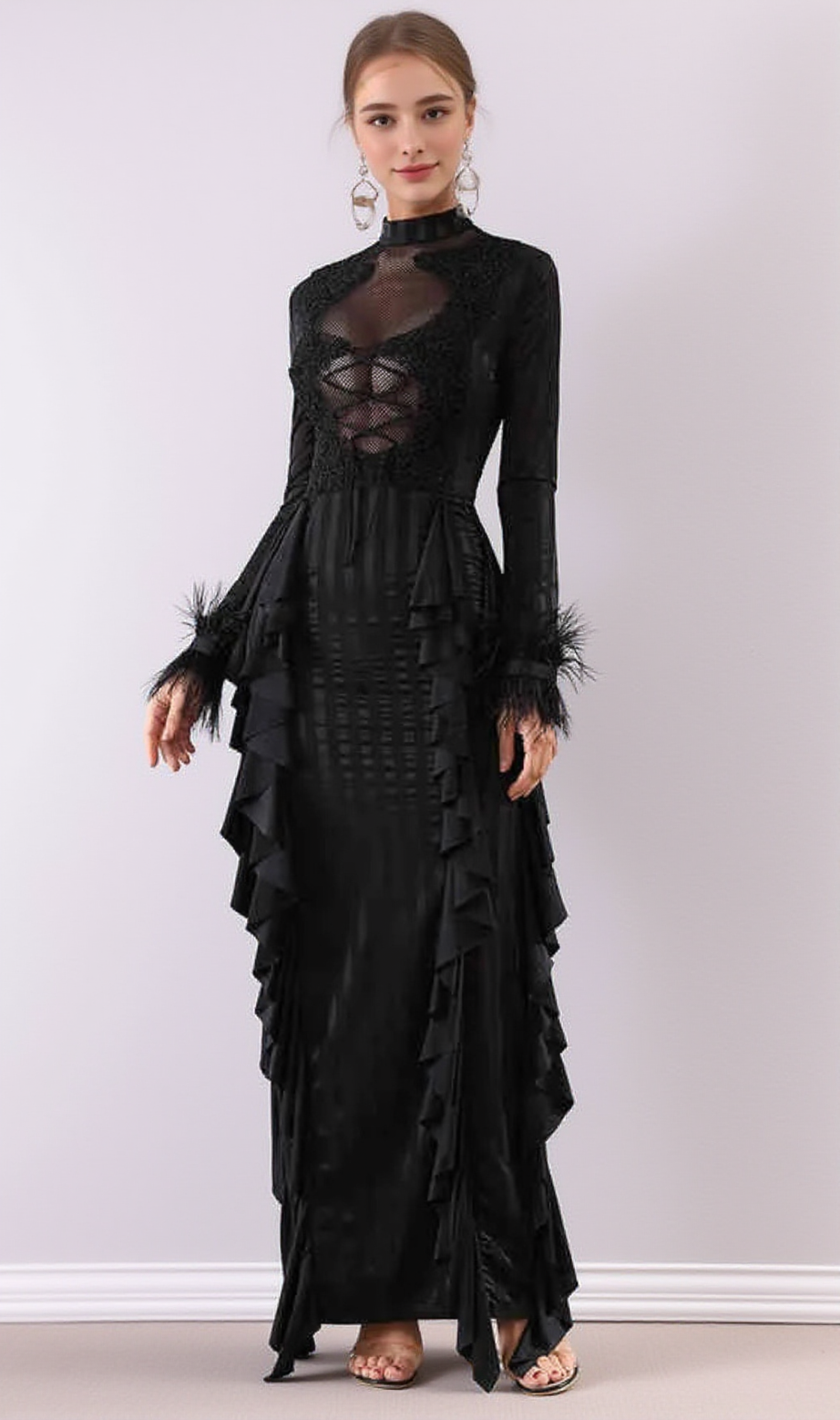 alani Panagas Long Sleeve Mesh Ruffle Dress
