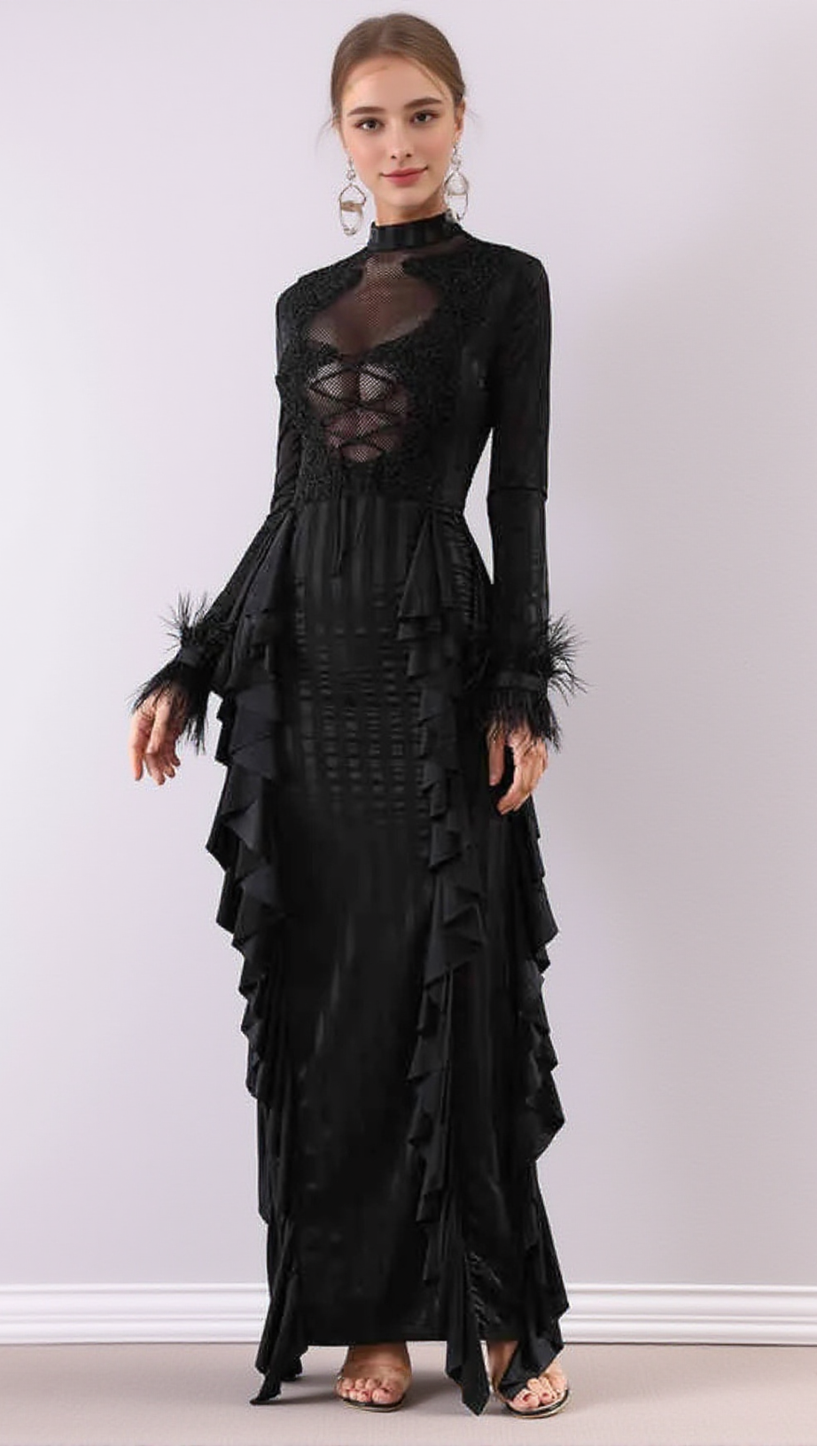 ALANI PANAGAS LONG SLEEVE MESH RUFFLE DRESS