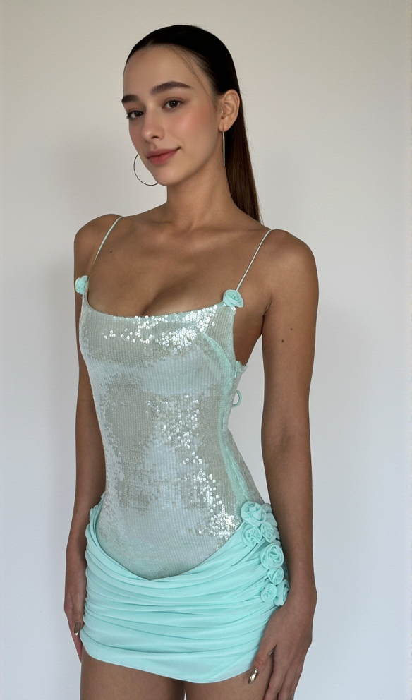 AIIZIE MOLLY SEQUIN CHIFFON MINI DRESS IN MINT - product image